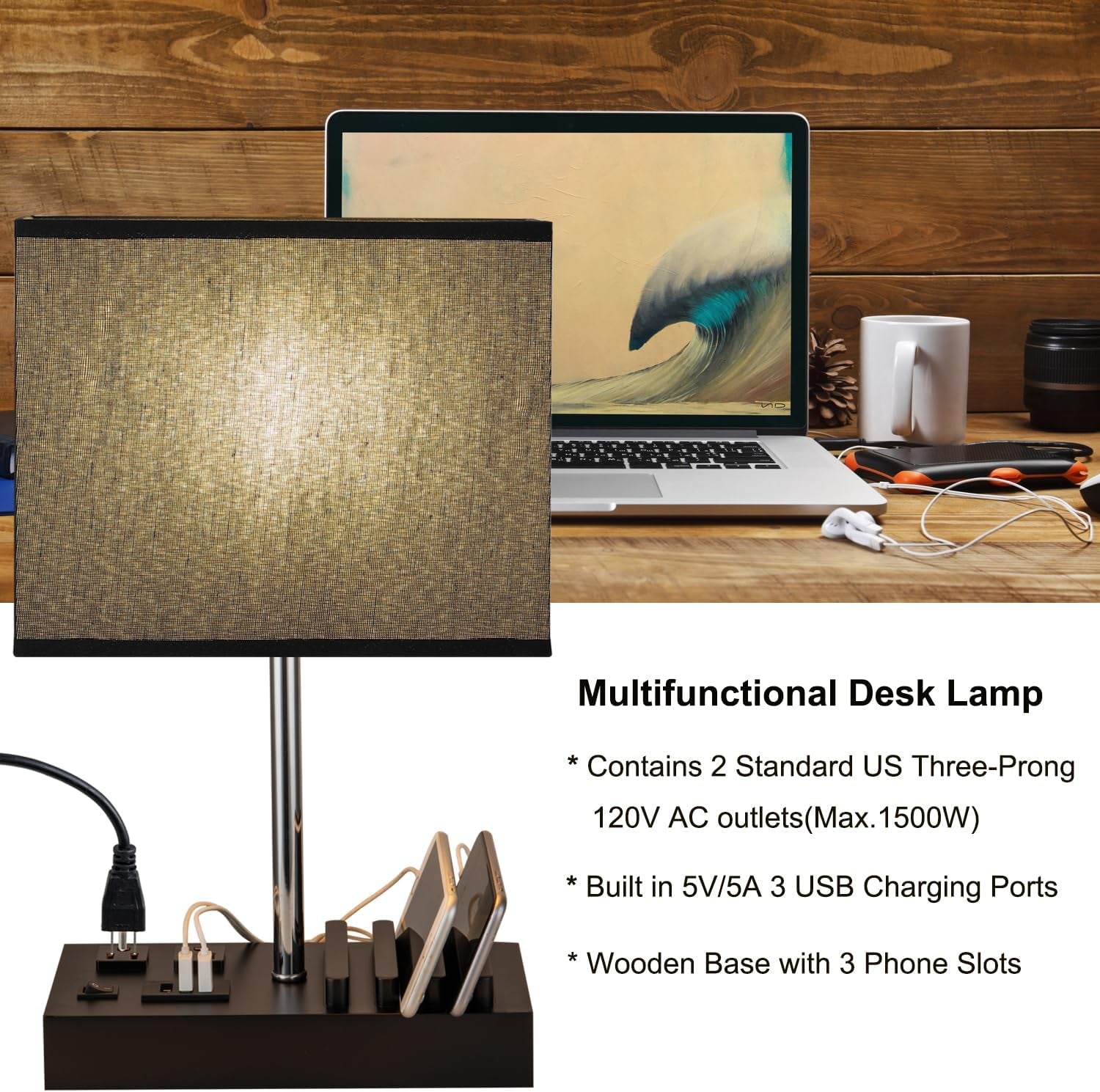 Stylish USB Table Lamp with 3 USB Ports, 2 AC Outlets & Wooden Phone Stand - Perfect for Bedroom Nightstands