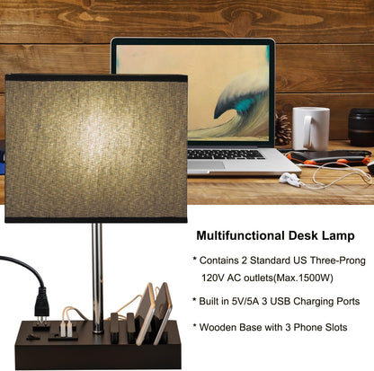 Stylish USB Table Lamp with 3 USB Ports, 2 AC Outlets & Wooden Phone Stand - Perfect for Bedroom Nightstands