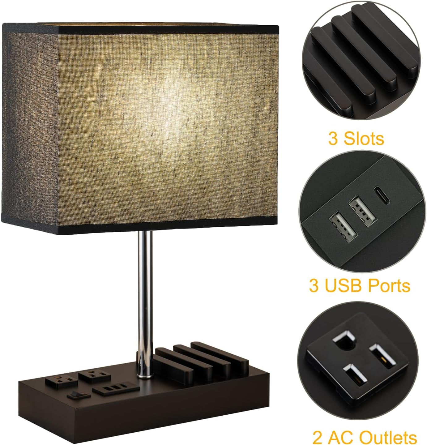 Stylish USB Table Lamp with 3 USB Ports, 2 AC Outlets & Wooden Phone Stand - Perfect for Bedroom Nightstands