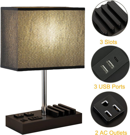 Stylish USB Table Lamp with 3 USB Ports, 2 AC Outlets & Wooden Phone Stand - Perfect for Bedroom Nightstands