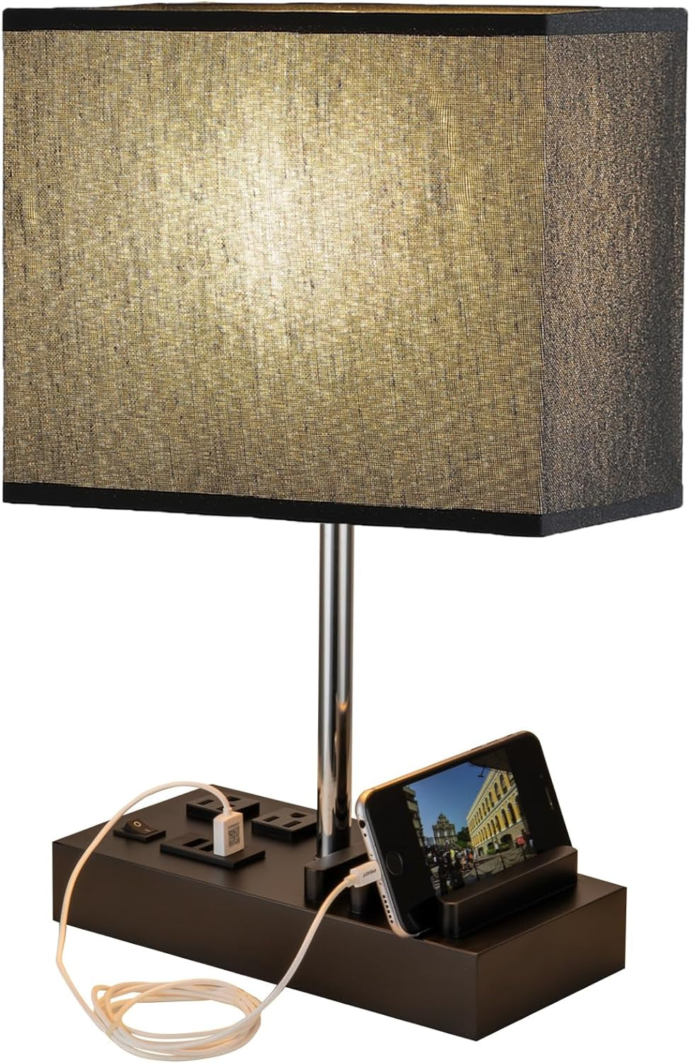 Stylish USB Table Lamp with 3 USB Ports, 2 AC Outlets & Wooden Phone Stand - Perfect for Bedroom Nightstands