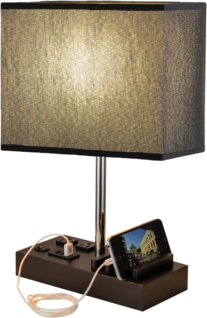 Stylish USB Table Lamp with 3 USB Ports, 2 AC Outlets & Wooden Phone Stand - Perfect for Bedroom Nightstands
