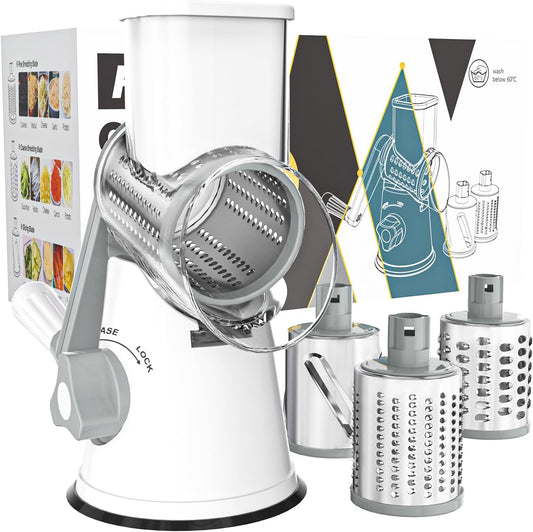 Premium Rotary Cheese Grater - Hand Crank Shredder for Fresh Cheese, Veggies & Nuts with Non-Slip Suction Base & 3 Blades - Effortless Grating in White