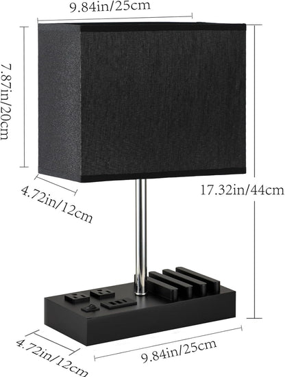 Stylish USB Table Lamp with 3 USB Ports, 2 AC Outlets & Wooden Phone Stand - Perfect for Bedroom Nightstands