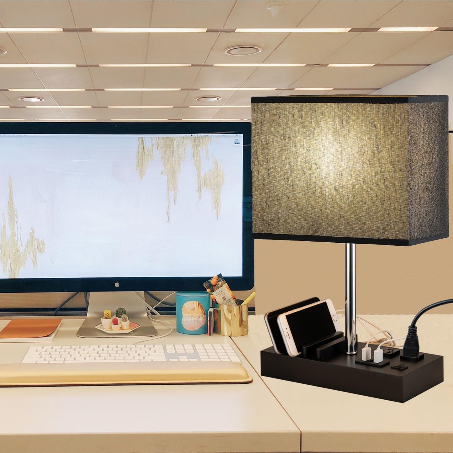 Stylish USB Table Lamp with 3 USB Ports, 2 AC Outlets & Wooden Phone Stand - Perfect for Bedroom Nightstands