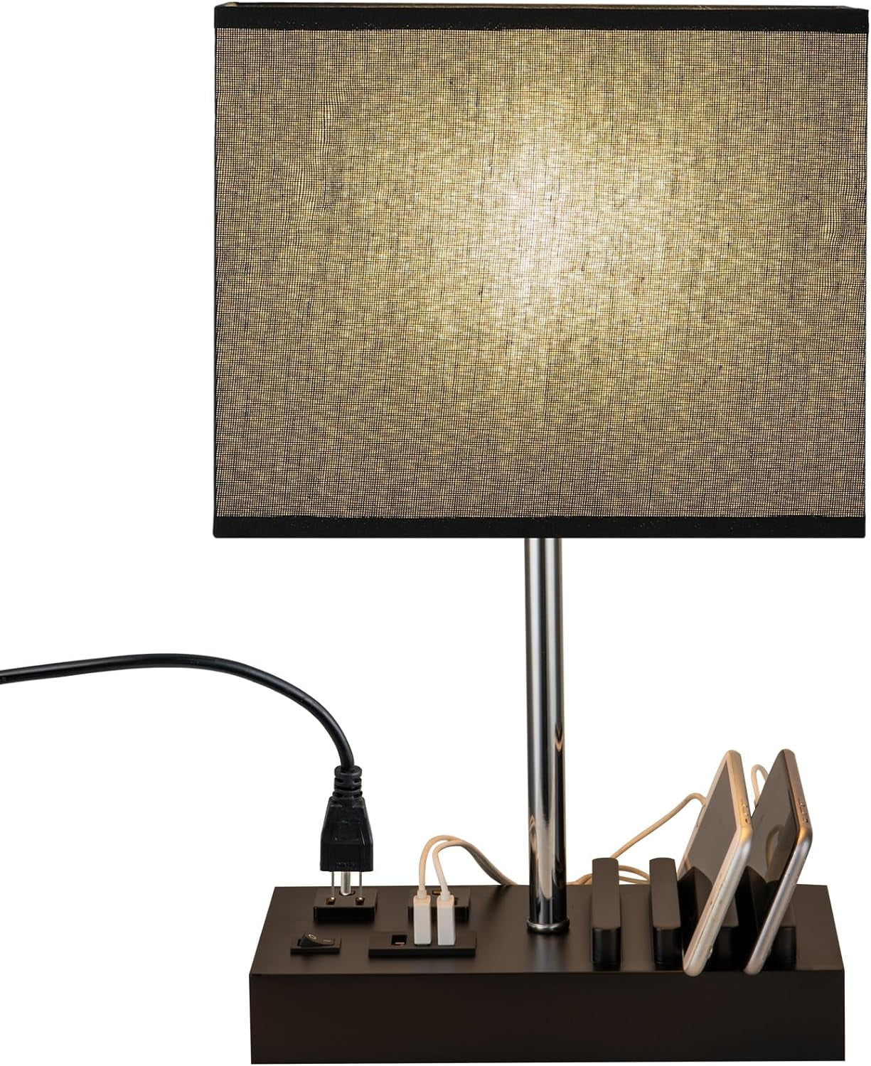 Stylish USB Table Lamp with 3 USB Ports, 2 AC Outlets & Wooden Phone Stand - Perfect for Bedroom Nightstands