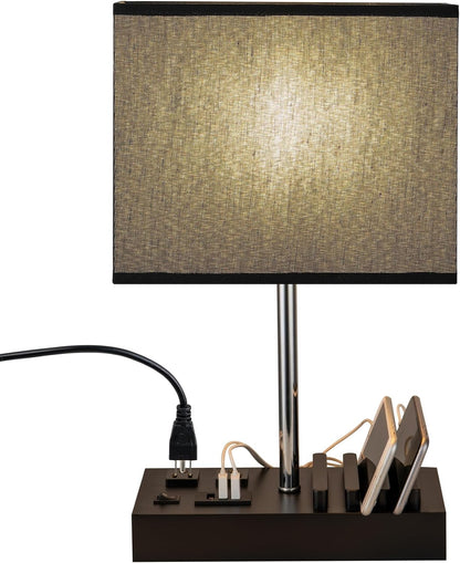 Stylish USB Table Lamp with 3 USB Ports, 2 AC Outlets & Wooden Phone Stand - Perfect for Bedroom Nightstands