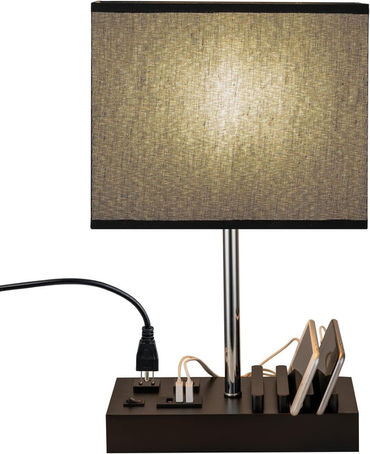 Stylish USB Table Lamp with 3 USB Ports, 2 AC Outlets & Wooden Phone Stand - Perfect for Bedroom Nightstands